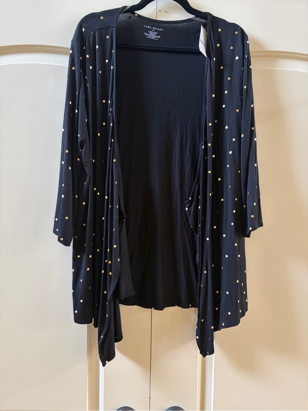 Lane Bryant Black Open Front Cardigan with Gold Dot Print